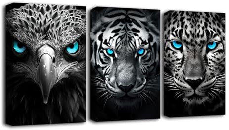 LZIMU Schwarz Weiß Tiere Wandbild 3er-Set Adler Tiger Leopard mit blauen Augen Leinwand Kunstdrucke Wildtierbild Wanddekoration für Büro (C, 40.00 x 60.00 cms x 3PCS)