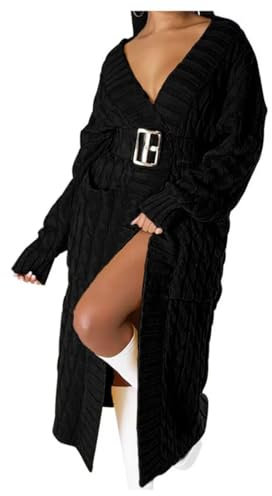 Shuanghao Cardigan-Cappotto Caldi-Invernali Tinta-Unita Lunghi-Oversize Donna - Maglioni a Maglia con Scollo a V di Moda Tempo Libero a Maniche Lunghe Cappotti Morbido con Tasche Donna Nero L