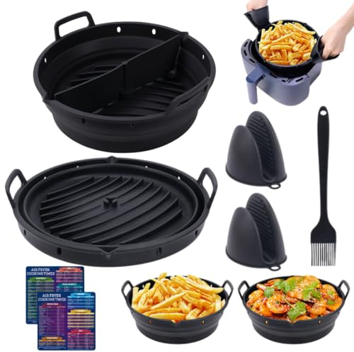 Molde de silicona para freidora de aire - Kit de 5 accesorios para Airfryer: Olla base, recipiente para Cecotec Xiaomi, bandejas, cesta plegable ideal para hornear (22 cm) - Compatible con Cosori 5.5L