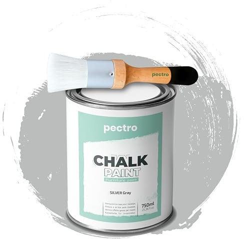 PECTRO Pintura a la Tiza para Muebles 750ml + Brocha de madera especial Pack - Pintura para Muebles sin lijar - Pintura para Madera - Pintura Chalk Paint Efecto Tiza Colores (Gris Plata)