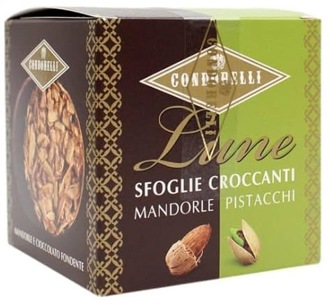 CONDORELLI LUNE SFOGLIE CROCCANTI DI MANDORLE CON CIOCCOLATO FONDENTE E PISTACCHI CON CIOCCOLATO BIANCO 120 GR
