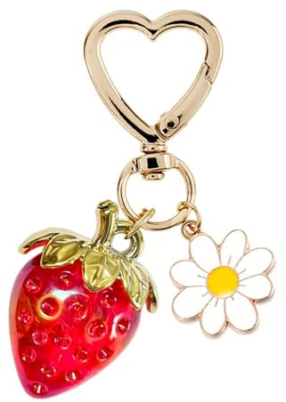 Porte-clés en Forme de Fraise, Accessoire de Sac avec Cœur et Fleur, Porte-clés Mode pour Femme, porte clés en métal pour femmes, Idéal pour Sac,clef de voiture à Main et Porte-Monnaie(7.62cm)