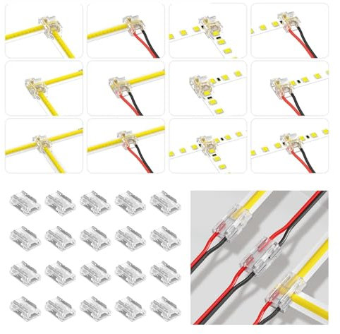 20 Stück 2 Polig 10mm LED Strip Verbinder, COB/SMD Streifen Verbinder - LED Streifen Eckverbinder - 8 Verbindungsarten, L- Form, T-Form - Lötfreier Verbinder für LED Kabel, Streifenverbindungen