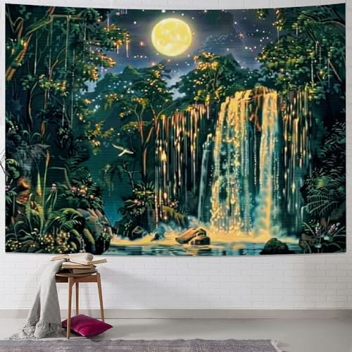 56 Wandteppich Uv Aktiv Wasserfall Psychedelisch Ästhetik Mond Natur Baum Wandtuch Decor Wandteppiche Mehrzweck Tapestry Für Schlafzimmer Wohnzimmer Wohnheim 130x152cm