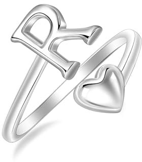 SILBERTALE 925 Sterling Silber Herz Ring mit Buchstaben Verstellbarer Größe 50 bis 58 Initiale A-Z Buchstabering individuellen Modeschmuck mit Geschenkbox