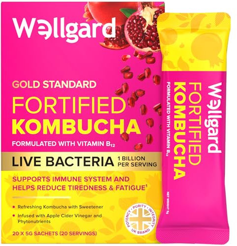 Wellgard Fortified Kombucha, Vegan Probiotic Drink Sticks, 1 Billion CFU Bacillus Coagulans, Prebiotics, Vitamin B₁₂ for Immune & Energy, 20 Sticks