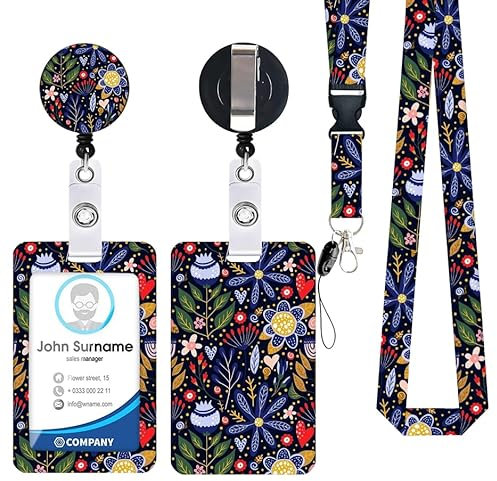 Porte Badge de Carte avec Cordon Tour de Cou d'Identification,Floraux Porte-cartes Swivel Lobster Clasp avec Lanières Rétractables Pour Cartes Clés Caméra Floraux (B-Fleur embellie noire)