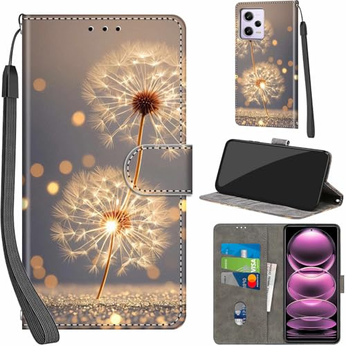 Handyhülle für Xiaomi Redmi Note 12 Pro 5G Hülle Leder Löwenzahn | 3 Kartenfächer & 1 Geldfach, Magnetverschluss, Ständerfunktion, robuste premium PU leder klapphülle für Xiaomi Poco X5 Pro