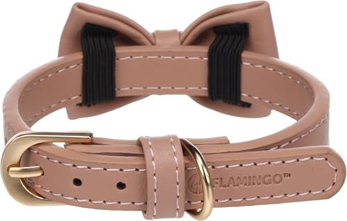 Flamingo Halsband mit Schleife NELA Rosé – XS, S | 24-30 cm x 15 mm x 4 mm, Qualitätsleder, Stilvoll und Praktisch – Ideal für Chihuahua, Pomeranian, Yorkshire Terrier, Shih Tzu, Malteser