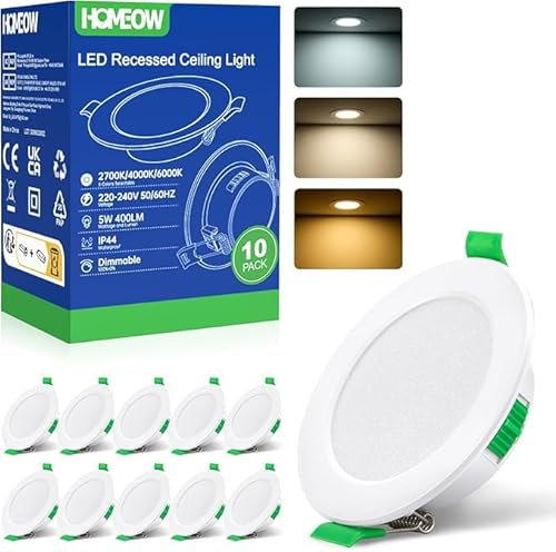 HOMEOW LED Einbaustrahler 230V, 5W 400LM LED Spot 68mm - 78mm Lochmaß, IP44 Warmweiß Neutralweiß Kaltweiß Deckenspots, 24mm Ultra Flach Einbauleuchten für Badezimmer Küche, 10er Set