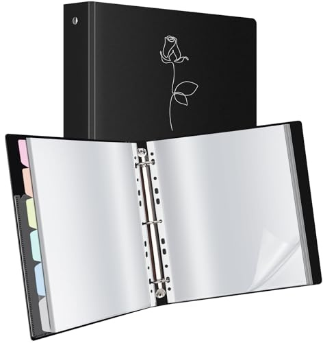 Uquelic Präsentationsbuch, Ringbücher mit 80 klarsichthüllen A4 glasklar (50 Mikron) und 6 bunten PP-Trennblättern, Ordner Organizer für Dokumente, Urkunden, Portfolio, Schwarz, Silber Rosen-Print