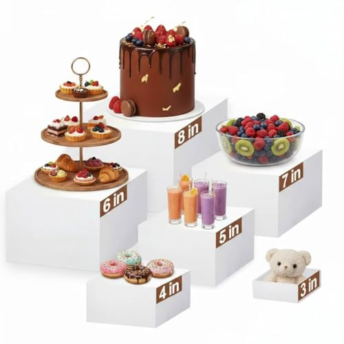Oursouion Buffet Risers, Food Display Stand,6–Piece Plinths Set, Cake Stand (White, 3–8 Inch)–Multiple Heights for Dessert Table, Buffet, Jewelry & Collectibles – Stackable Acrylic Display Boxes
