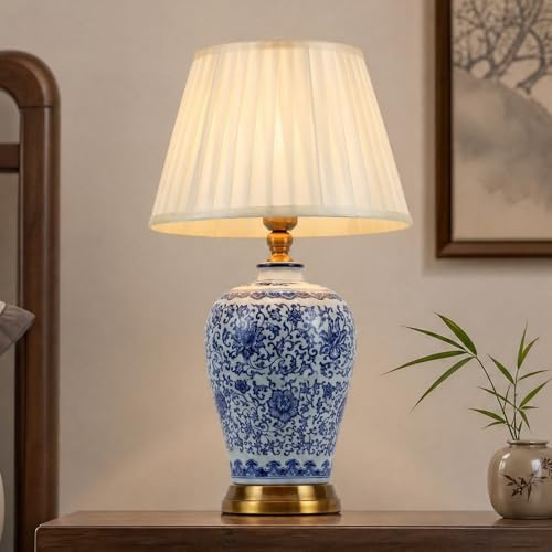 Tischlampe Retro Keramik, Stoff-Nachttischlampe, Vintage-Leselampe für das Schlafzimmer, weißer Lampenschirm, Schreibtischlampe im modernen Stil, E27-Nachttischlampe für Hotel, Wohnzimmer(F 58CM)