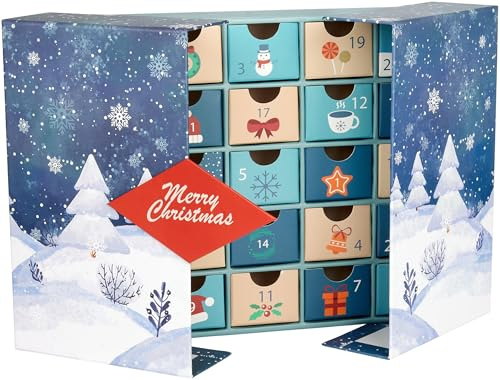 BRUBAKER Adventskalender zum Befüllen 2026 - DIY Weihnachtskalender | zum Aufklappen mit 24 Türchen für Gutscheine, Süßigkeiten und andere Überraschungen - 27 cm groß aus Pappe - Blau