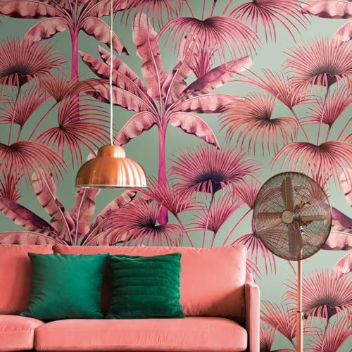 Profhome Dschungel Tapete 391833-GU heißgeprägte Vliestapete rosa blass-grün pink türkis-grün Fototapete 0,53 m x 8,80 m = 4,45 m2