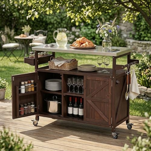 YeahFurn 50 Outdoor Grill Cart with Storage, Solid Fir Wood Grill Prep Table, Rolling Outdoor Cooking Station with Stainless Steel Top, Brown
