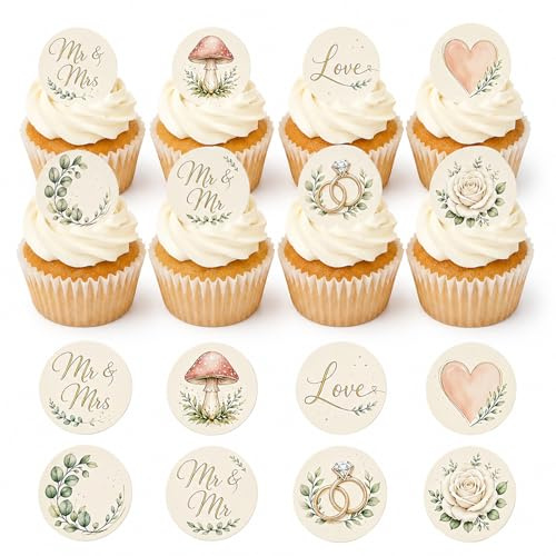 ENLACE 48 Stück Essbare Tortendeko Hochzeit,Runden 4,5cm Muffin Deko Hochzeitstorten Deko, Mr & Mrs Cupcake Deko Hochzeit Kuchendeko Essbar, Diamantring Herz Tortendeko für Verlobung Hochzeitsfeier