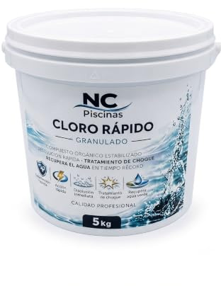 NC Piscinas - Cloro Rápido Granulado de Choque para Piscina (5 kg), Tratamiento Inicial para Agua Deteriorada con Estabilizante UV, Mantenimiento Apto para Spas y Jacuzzis
