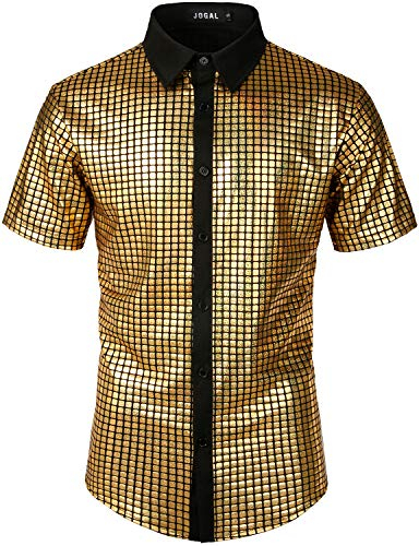JOGAL Herren Pailletten Kleid Shirt 70er Disco Party Kustüm X-Large Gold