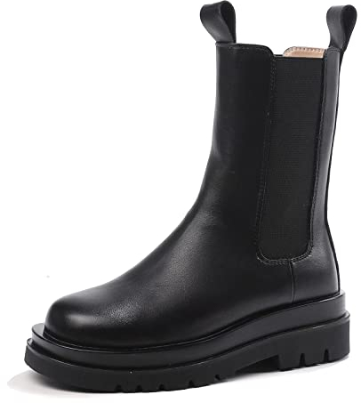 Donna Stivali Chelsea Platform Chunky Autunno Inverno Elastico Stivaletti Pelle Casual Antiscivolo Moda Combat Scarpe Nero Alte 36