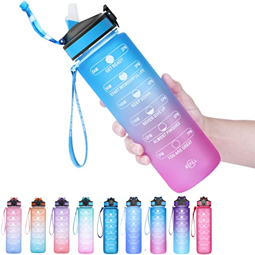 SLUXKE Bouteille d'eau, 1L Gourde Sport Gourde Reutilisable Tritan sans BPA Anti-Fuite, Bouteille avec Traqueur de Marqueur de Temps pour Camping, Adulte, Enfant, Cyclisme, Voyager