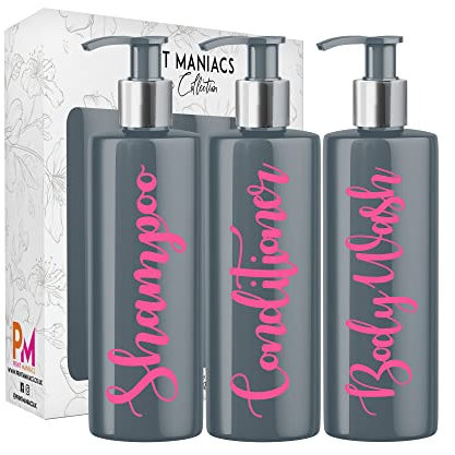 Print Maniacs 3 Set Mrs Hinch Inspired Grey Personalised 500ml Dispenser Pump Bottles Shampoo Conditioner Body Wash (Baby Pink)