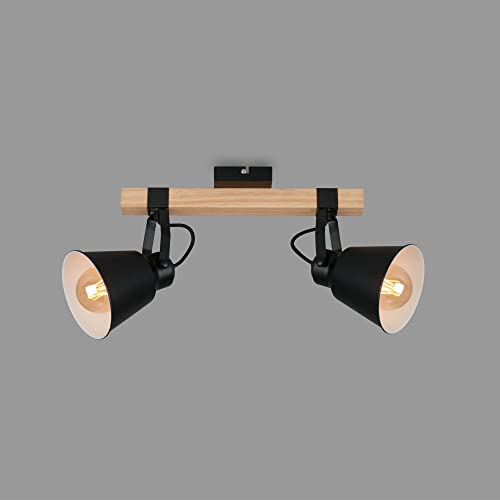 BRILONER Leuchten Deckenlampe retro mit Holzbalken, 2-flammige Deckenleuchte vintage, E27 Fassung max. 40 Watt, verstellbare Lampenschirme, rustikaler Deckenspot, Schwarz-Holz 2406-025