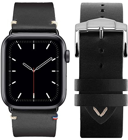 Eternel – Logan Vintage Armband sagenhaft – Kompatibel mit allen Apple Watch Modellen – 45/46mm – Handgefertigt in Frankreich – Pflanzlich gegerbtes Leder – Noir – Adapter in aluminium noir