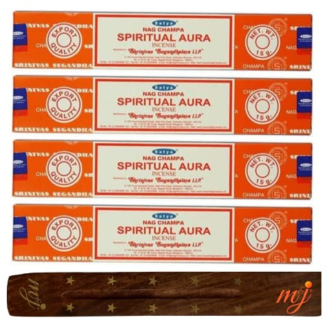 Original Satya Nag Champa Spiritual Aura Incense Sticks | with M&J incense sticks holder | x4 pack | for Aromatherapy, Spa, Yoga, Weddings, Meditation, Healing, Positivity and Relaxation