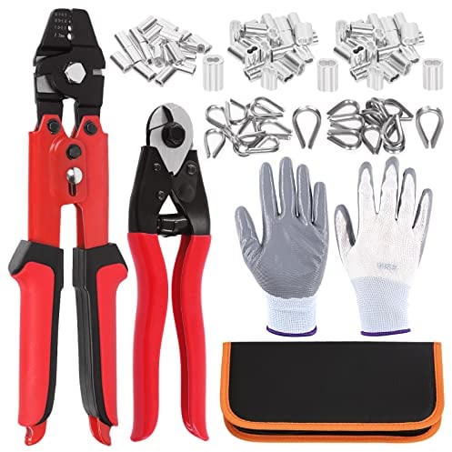 Swpeet Lot de 83 outils de sertissage de câbles jusqu'à 2,2 mm - Outil de sertissage pour fil de pêche et coupe-câble jusqu'à 1,6 cm - Avec double manchon en aluminium et dé à coudre en acier