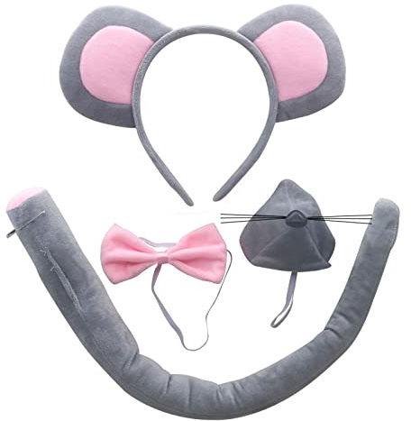 MIVAIUN 4 Pieces Mouse Costume Set,Cute Mouse Dress Up Set,Mouse Headband Bow Tie Nose and Tail, Animal Costume Accessories for Kids' Cosplay Set Birthday Party Children's Day Costume Party(Grey)
