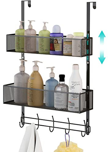 LUCYCAZ Over Door Storage, Adjustable Over The Door Hooks Organiser with 10 Coat Hooks & 2 Mesh Basket, Door Hanger Towel Rack Back of Door Organiser for Barthroom Kitchen (Black)
