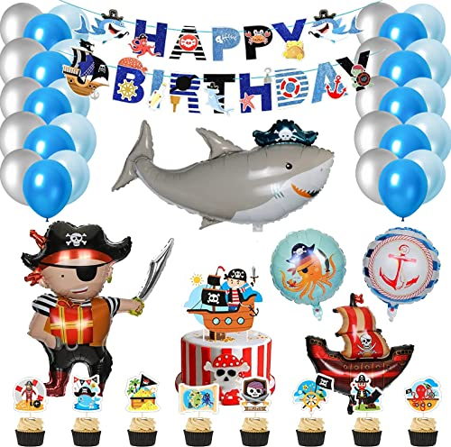 Piratenschiff Ballon,Piraten Meerestiere Geburtstagsdeko Set,Piraten Ballons Helium,Piraten Folienballon,Haifisch Helium Riesenballon,FüR Kinder Party Geburtstag Deko,Dekoration Ballon