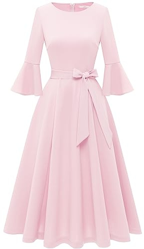 HomRain Women's Cocktail Dresses Vintage Formal for Wedding Guest Bell Sleeve Dress for Women Bridesmaid Wedding Tea Party Pink L