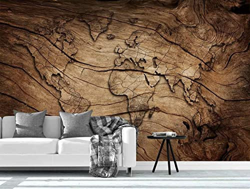 Papier Peint Panoramique Carte Du Monde Vintage En Bois 3D Poster Mural pour Salon Chambre Décoration Murale