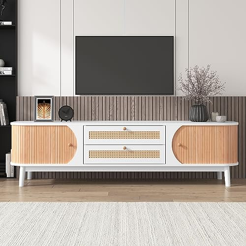 I0I&I0I Mueble de TV exclusivo de estilo rústico natural, puertas y cajones de ratán, elegancia atemporal, color blanco