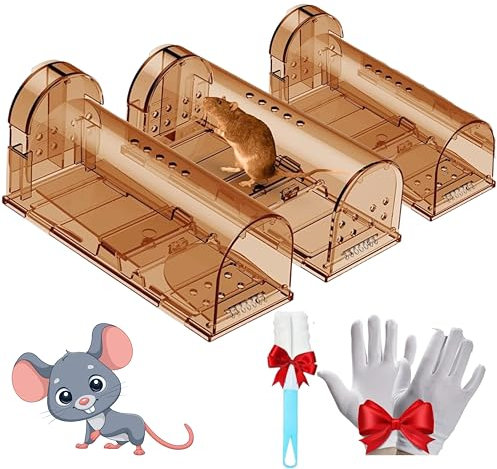 UFLIX 3pcs Humane Mouse Traps, Reusable Mouse Trap for Indoors and Outdoors With Cage Brush, Rodent Trap High Sensitive No Kill (Brown), H1234