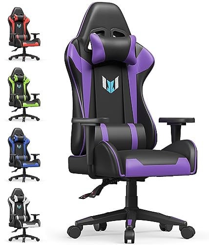bigzzia Gaming Chair Office Chair,155 Degree PU Leather Ergonomic Office Chair with Lumbar Cushion&Headrest&Fixed Armrest,Gaming Chair Gaming Seat Adult Young Boy Girl (Purple)