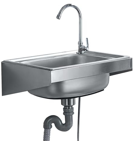 Lavello in acciaio inox lavamani lavello a muro lavello da campeggio lavello con rubinetto lavello in acciaio inox per garage, officina, lavanderia, bagno (42x37cm)