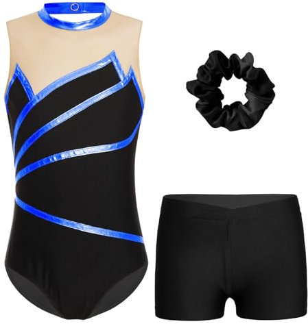 Kvysinly Glänzend Turnanzug Mädchen Gymnastikanzug Set Slim Fit Turnbody mit Haarband und Hose Ballettkleidung Tanz Training Outfit Königsblau 134-140