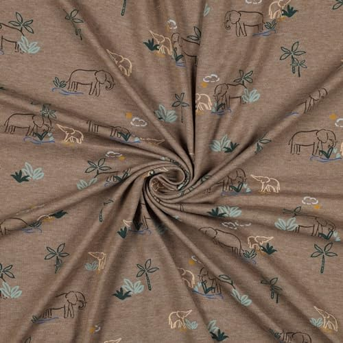 Stoff Meterware Kinderstoff Jerseystoff - 1 Meter, Jersey, Nähen, Kinder, Baby, Jungen, Mädchen, Bekleidung, Shirt (Elefant Palme Braun)