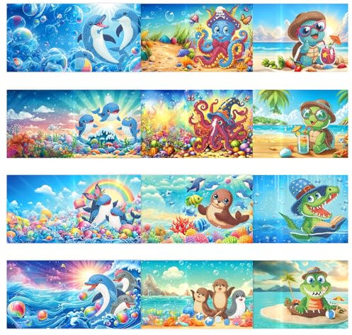 CXINLky 5D DIY Diamond Painting Karten, 2024 Neuheiten Diamond Painting Karten, 8 Stuck Diamond Painting Karten Geburtstag, Geschenkkarte Feiertags für Familie, Liebhaber-11-Meerestiere