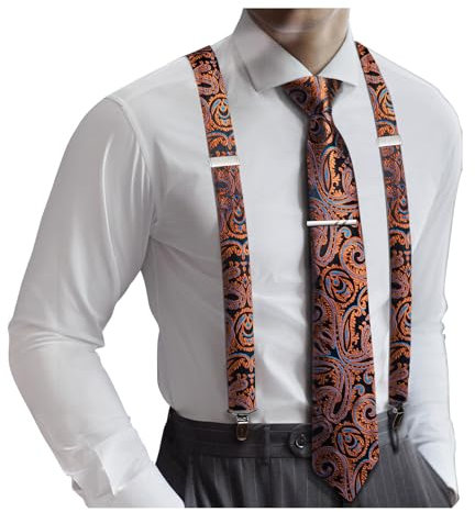 Barry.Wang Ensemble bretelles et cravates pour homme type X avec pince à cravate motif cachemire pour mariage, bal de fin d'année, doré, taille unique