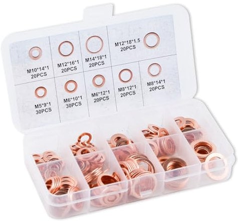BDHYYM Juego de 200 anillos de sellado de cobre, surtido de arandelas, juego de arandelas, junta de tornillo de drenaje de aceite, juego de juntas M5, M6, M8, M10, M12, M14, para accesorios de