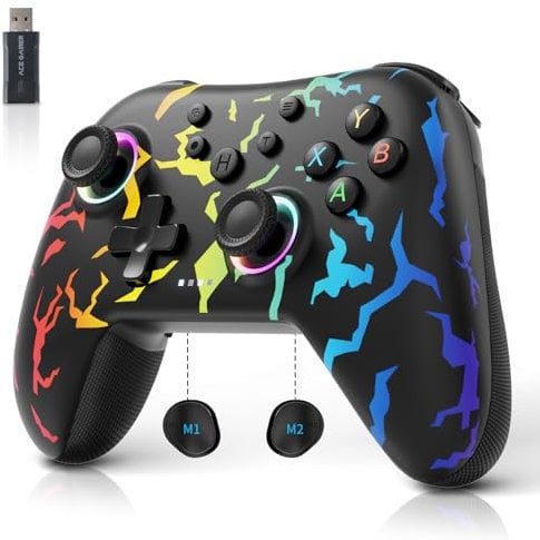 AceGamer Aurora Mando InaláMbrico Bluetooth 2.4G para Windows PC/Switch/Stem/Ios/Android, Gamepad para PC con Joystick de Efecto Hall, BotóN Trasero Programable, Actuador Resonante Lineal (arco iris)