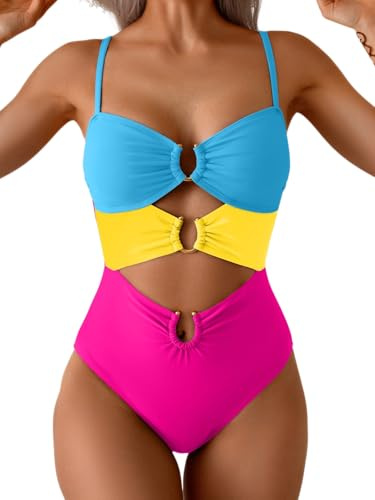 Eomenie One Piece Swimsuit for Women Ring Linked Monokini Sexy Bathing Suit Cutout Swim Suit, Blue Yellow Hot Pink, Large
