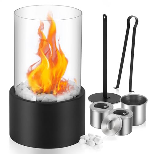 Yizhet Bioethanol Tischkamin mit Verstellbarer Flamme und Dekosteinen – Eleganter Glaszylinder, Ideal für Wohnzimmer, Balkon und Terrasse, Umweltfreundlich & Modern