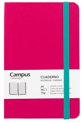 Campus Bullet Journal Notizbuch, A6, horizontal, liniert, 7 mm, gebundenes Notizbuch mit festem Einband, 96 Blatt à 75 g, elastischer Verschluss, Tasche und Lesezeichen (A6, horizontal, liniert, Rosa)