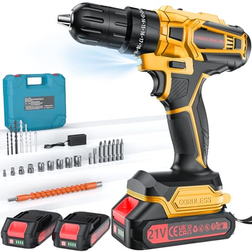 Olubfdh Trapano Avvitatore Batteria 21V, con Batterie 4000mAh, coppia 45 Nm, max 25 + 3 livelli di coppia (2 marce e LED), per casa e giardino fai da te, 2 * 2,0Ah Batterie(Giallo)