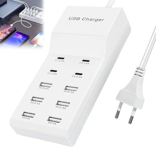 10 Port USB Ladegerät Mehrfach, 50W 5V USB Multi Port Ladegerät, Charging Station Handy Ladestation,10-Port Hub Ladestation Schnellladen für Smartphones, Tablets und andere Geräte